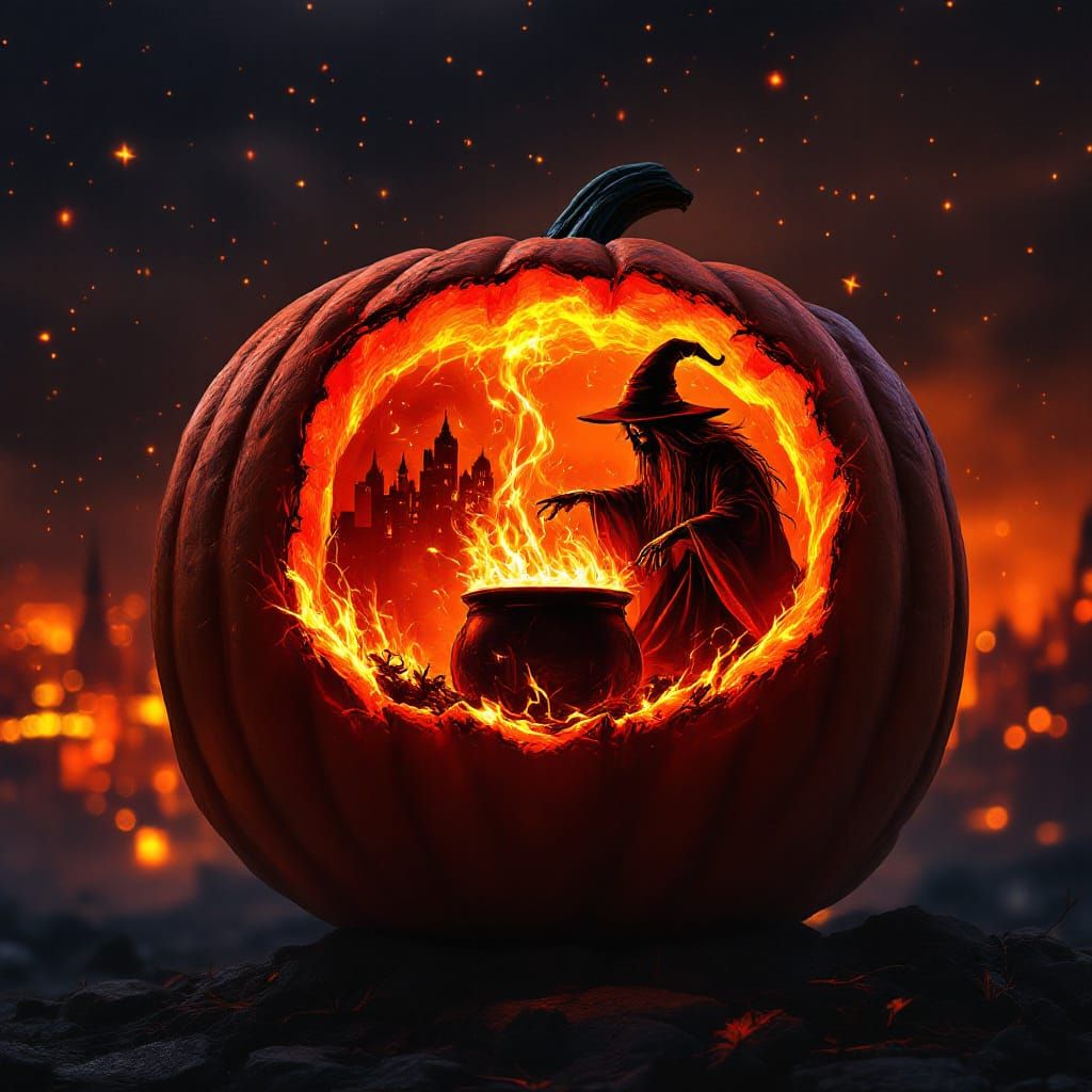Fiery Pumpkin Lair with Witch and Glowing Cityscape