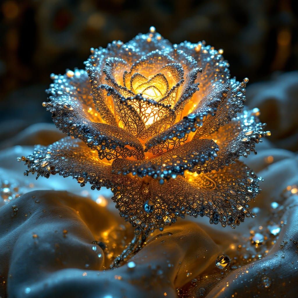Illuminated Rose of Platinum and Jewels in Opulent Interior