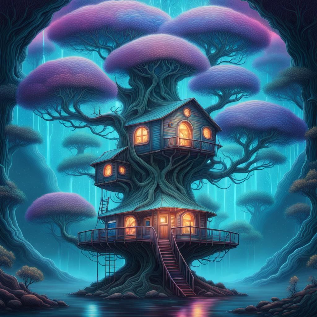 Celestial Treehouse in Holographic Bioluminescence