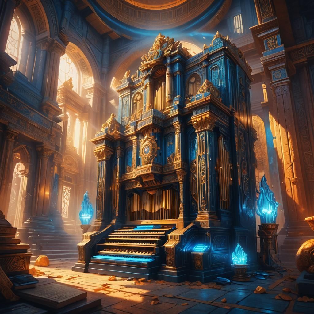 Ancient Temple Musician Plays the Organ in a Vibrant, Mystic...