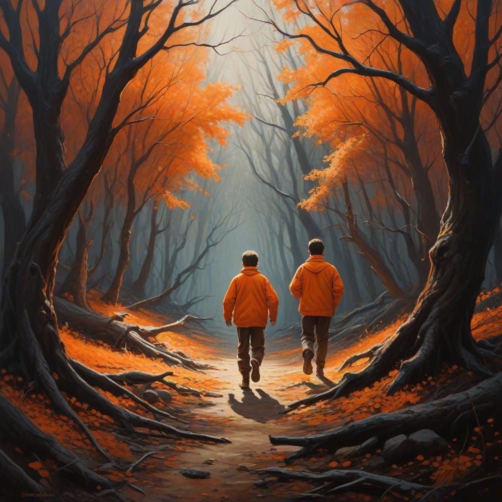 Surreal Boys Chased by a Rabbit in a Dense Forest