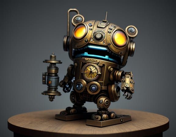 Chibi Steampunk Robot Meets Curious Feline Friend