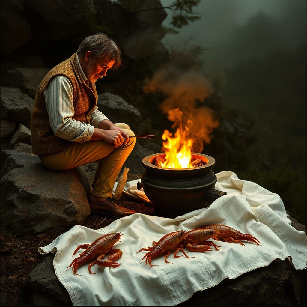 Man by Creek, Attending to Boiling Pot, with Freshly Caught ...
