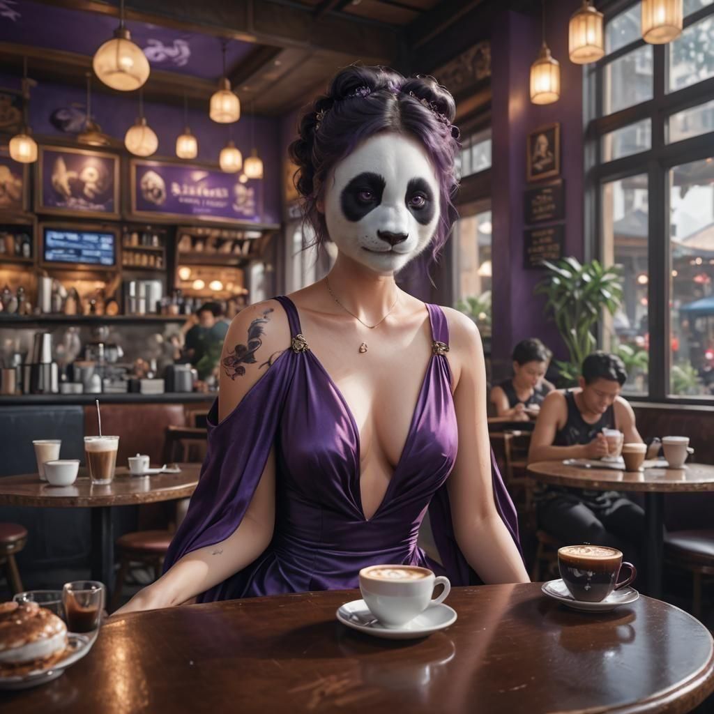 Ethereal Cafe Scene with Panda Woman in Rich Silk Gown