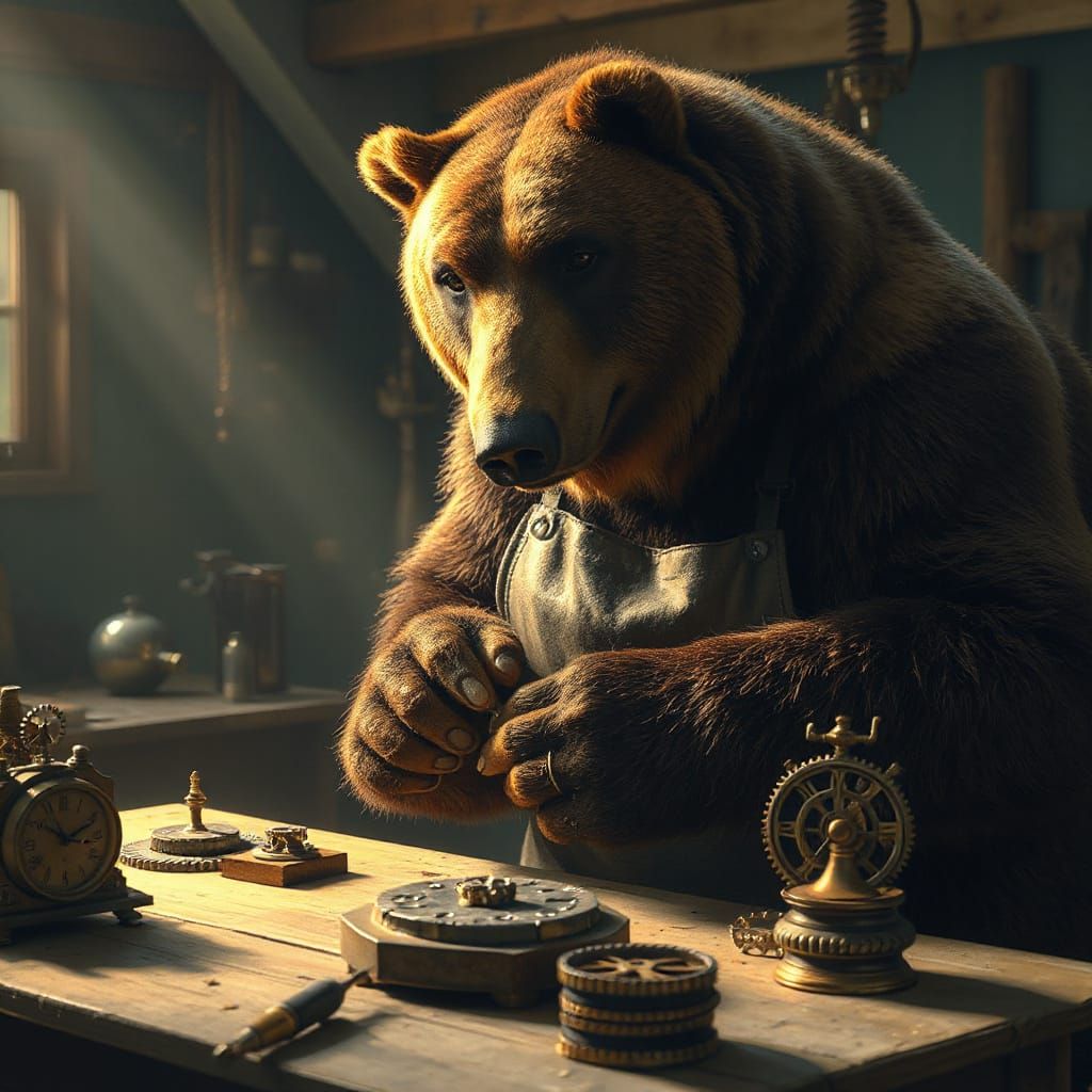 Grizzly Bear Jeweler in Hyperrealistic Style