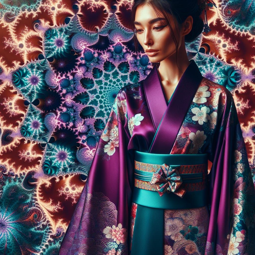 Elegant South Asian Woman in Vibrant Purple and Teal Kimono....