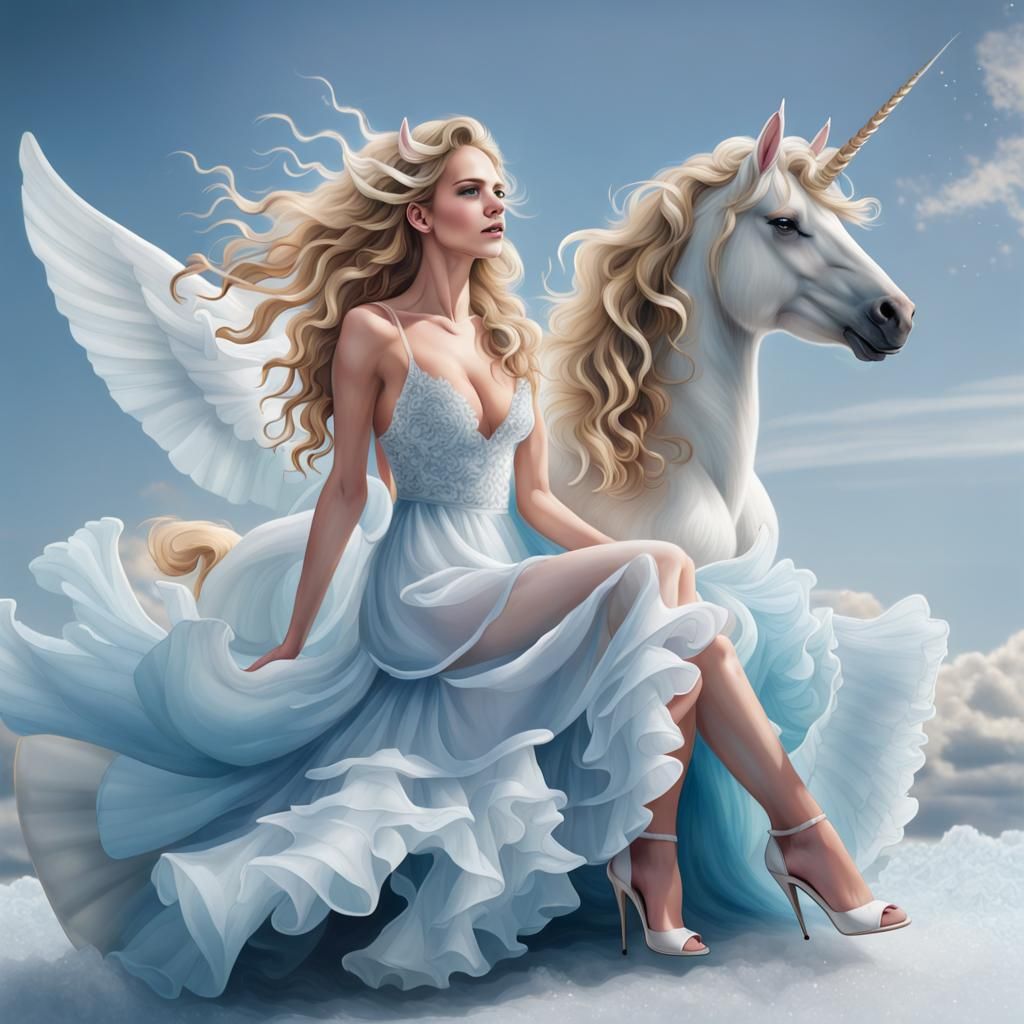 Fairy Tale Unicorn Soars through Icy Blue Skies with Enchant...