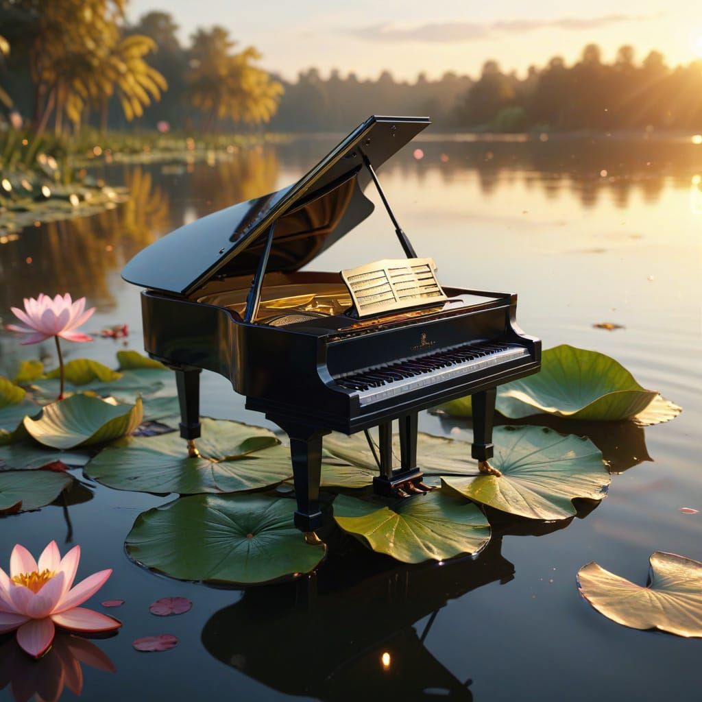 The scene against gravity. A grand piano perched elegantly a...