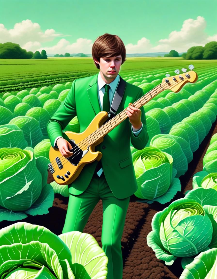 Young Bassist Immersed in Vibrant Cabbage Field
