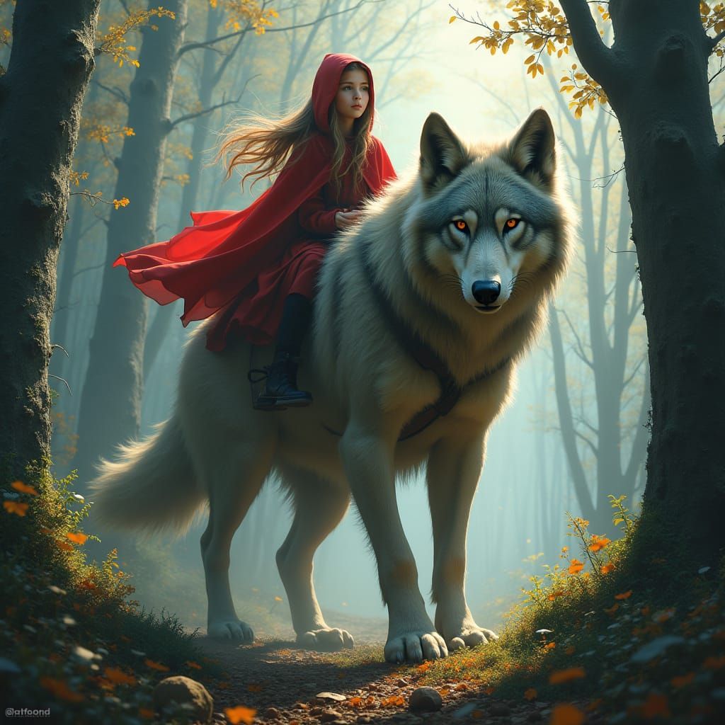 Little Red Riding Hood Rides with Giant Wolf in Woods