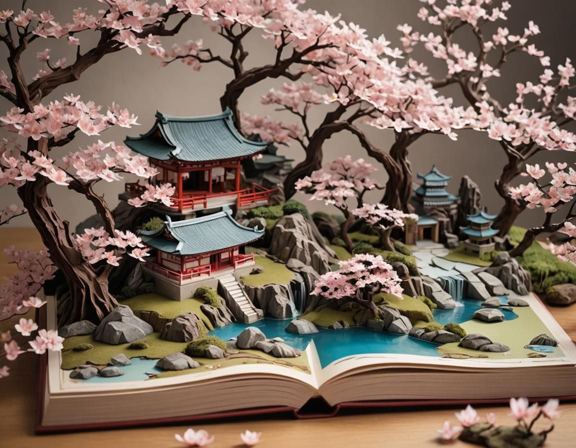 Ethereal Cherry Blossom Scene in Japanese Pop-Up Book