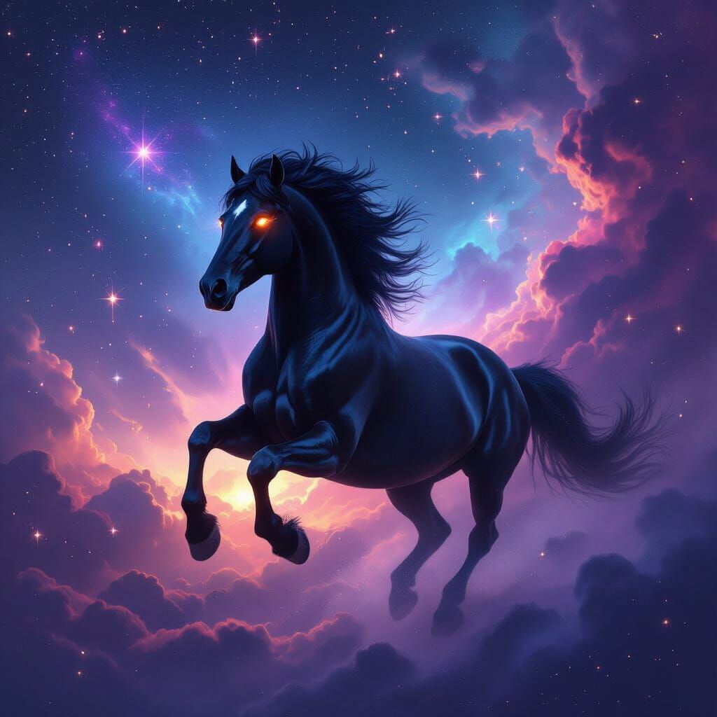 Majestic Stallion Leaping Through Cosmic Nebula