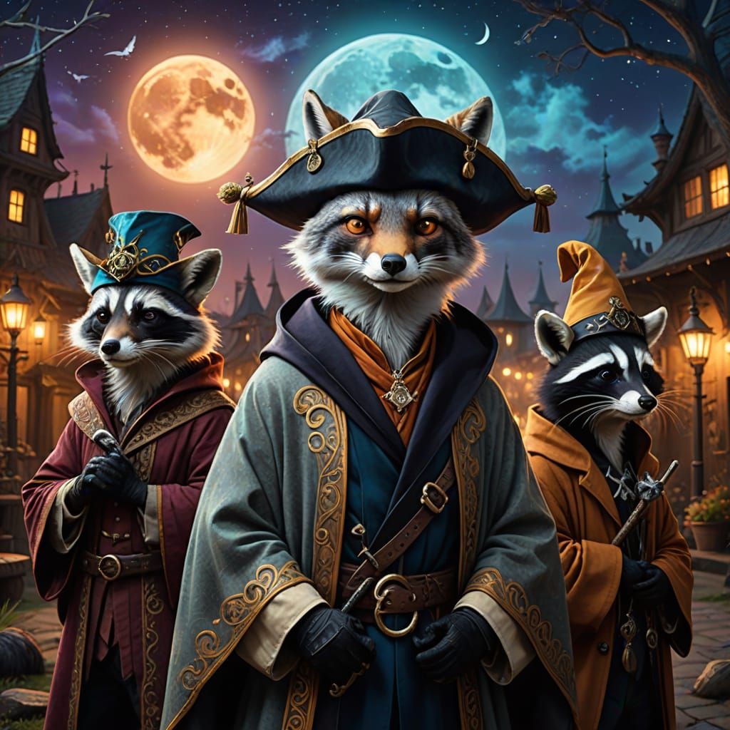 Fox, Raccoon, and Skunk Sorcerers: Surreal Digital Art