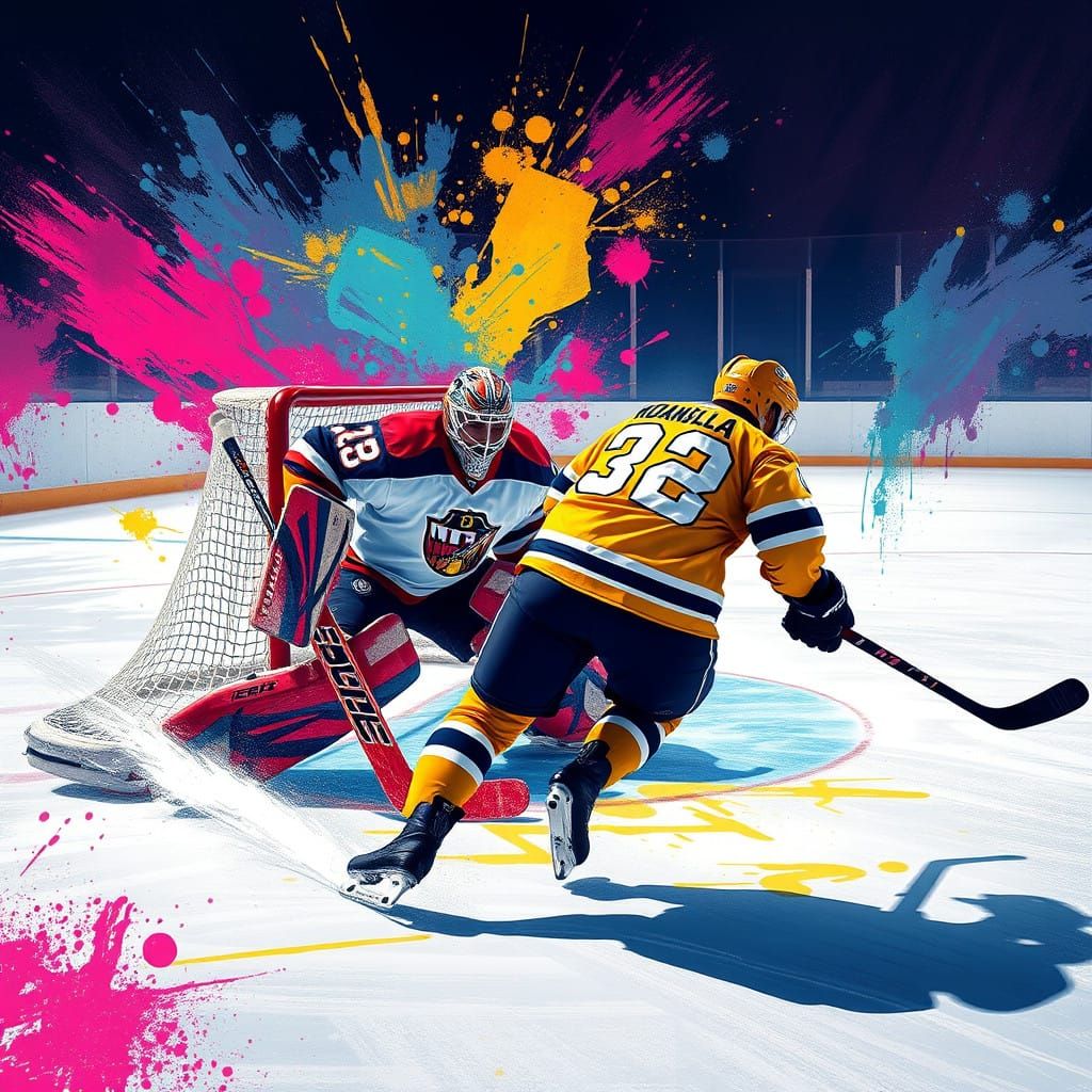 High-Energy Ice Hockey Scene in Vibrant Graffiti Style