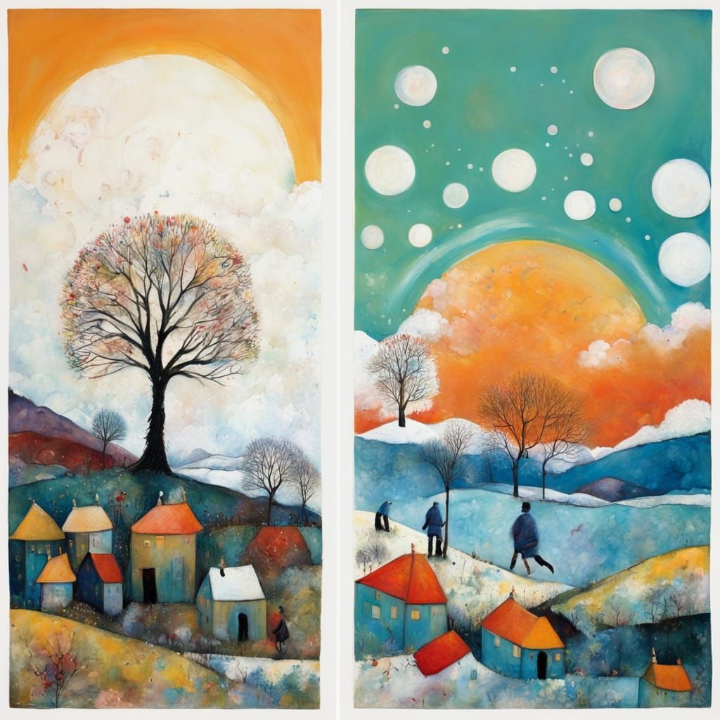 Summer and Winter Diptych as Encaustic Painting