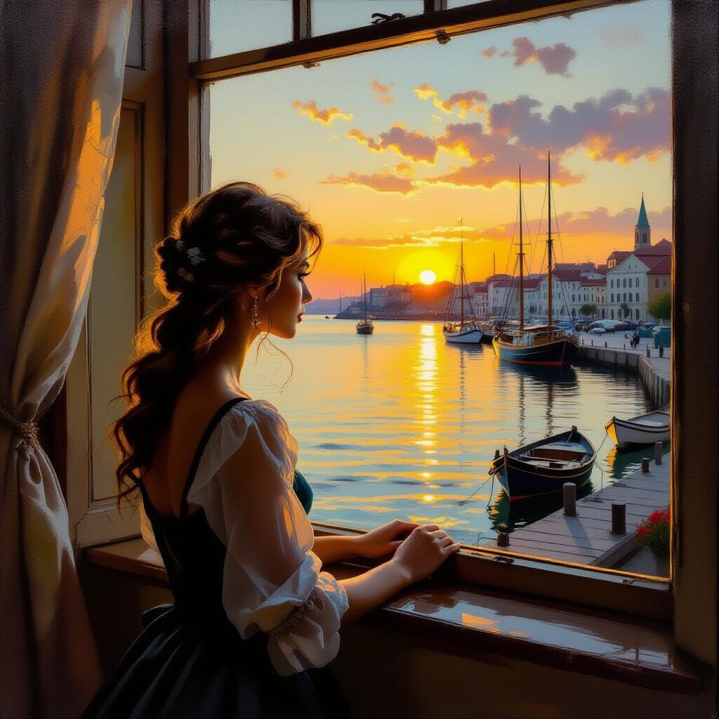 XVIIIth Century Woman Gazes at Sunset Harbour