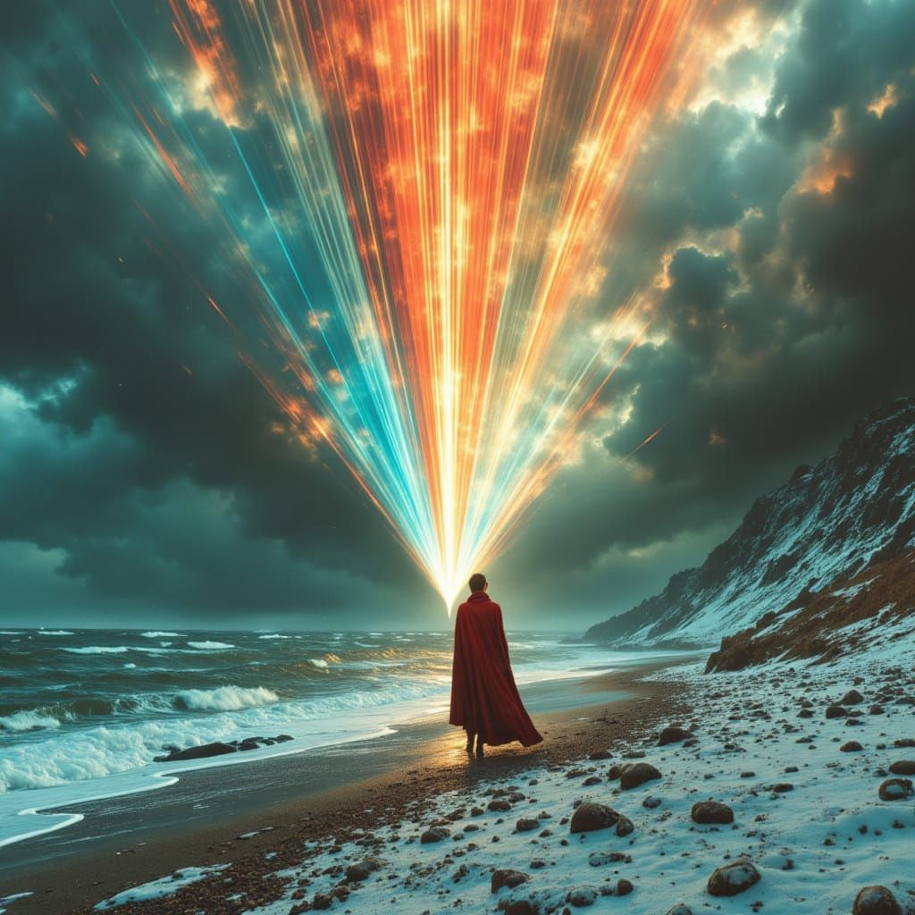 Lone Figure with Prism on Snowy Beach