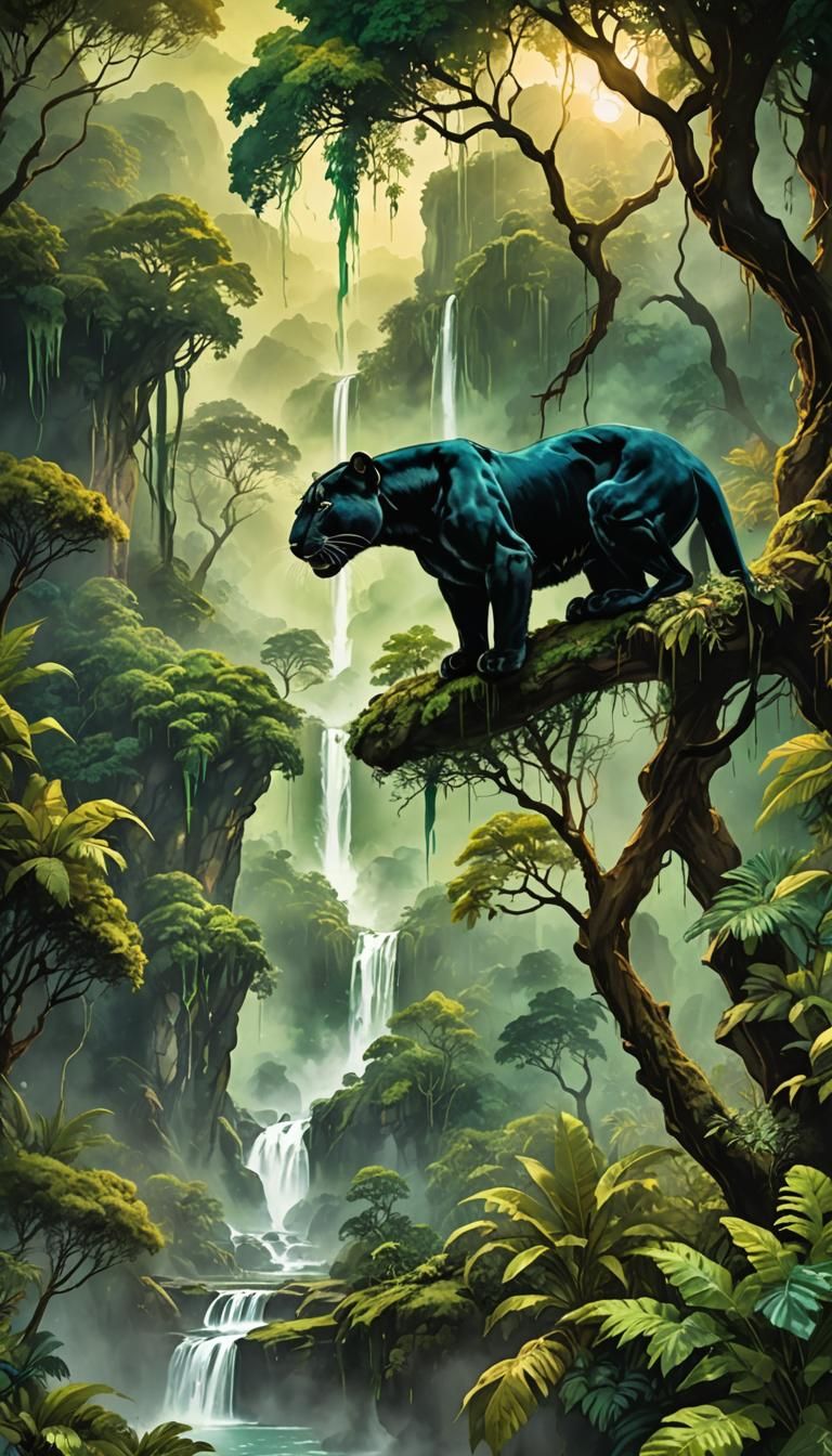 Award winning alcohol ink art of different shades of green :: A lush rain forest mountain valley with a mesmerizing wate...