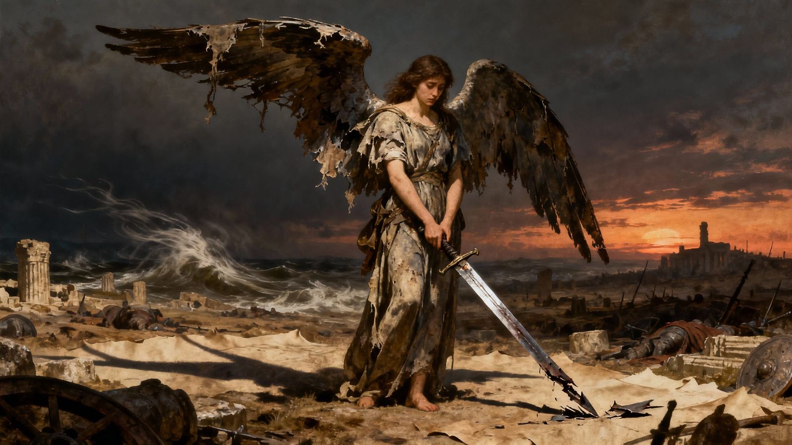 Battle-Weary Angel on Ancient Field in Dramatic Light