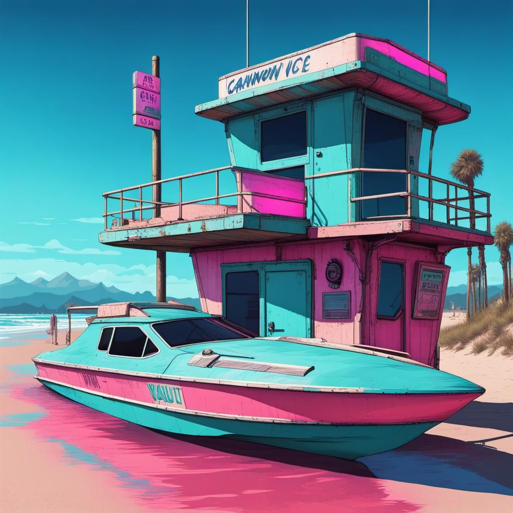 Retro Futuristic Surf Scene in Neon Haze