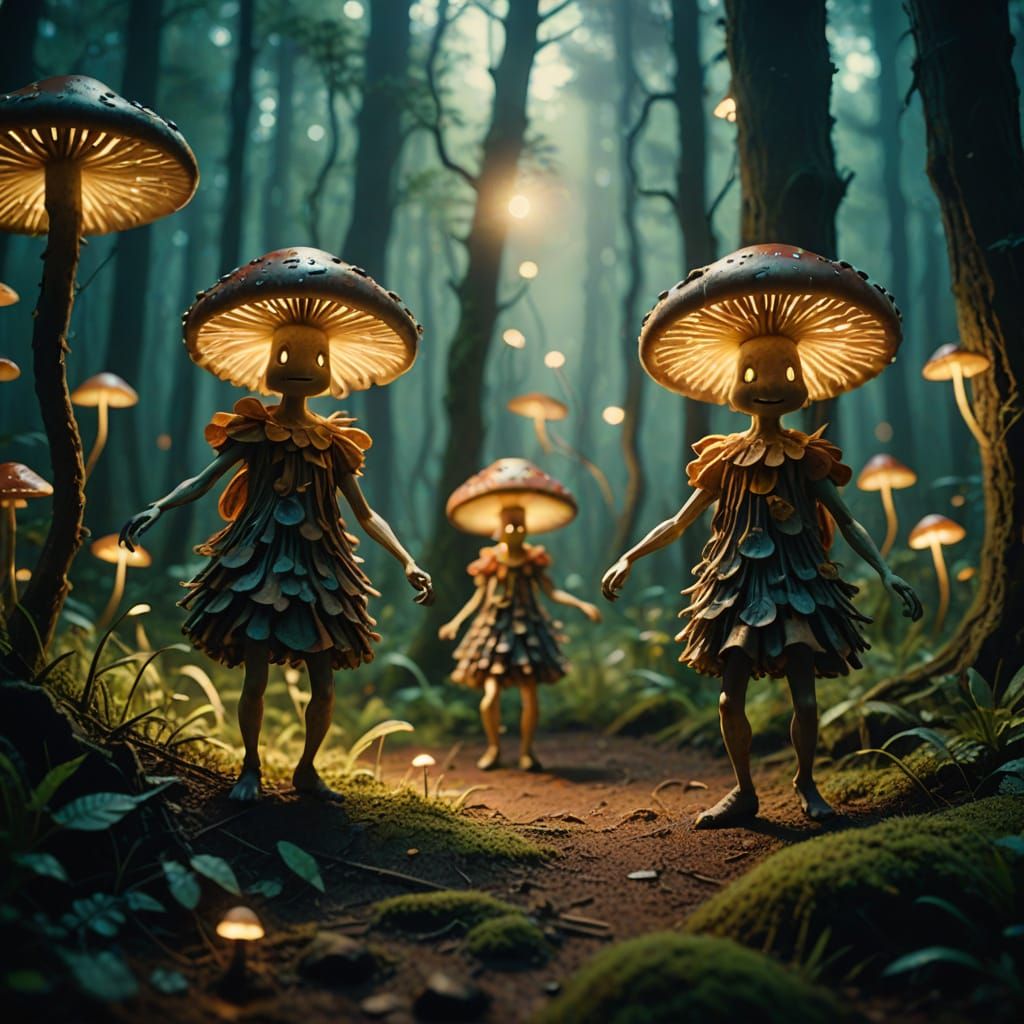 Mushroom People Dancing Under Starry Night Sky in Whimsical ...