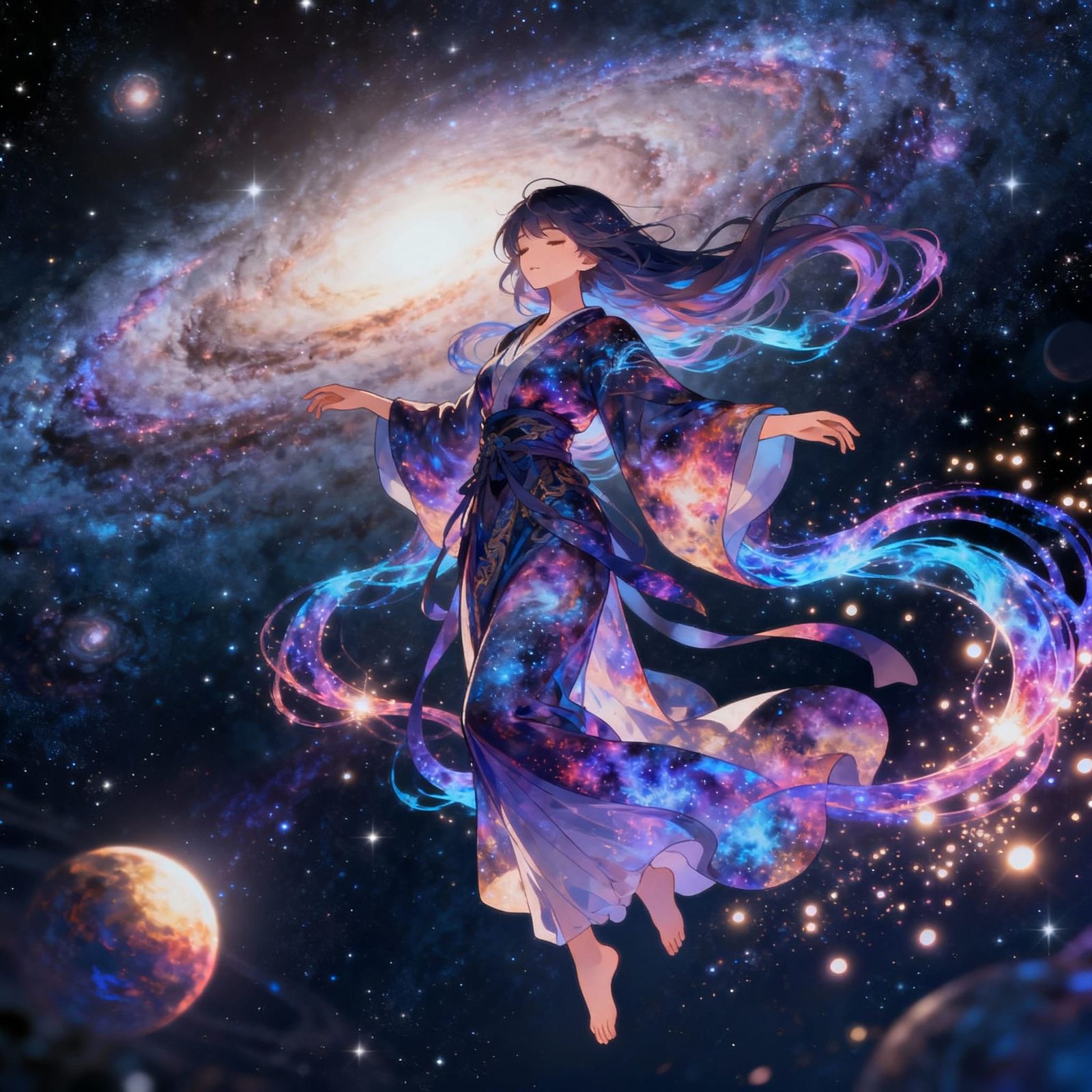 Ethereal Woman Adorned in Cosmic Robes in Starlit Void
