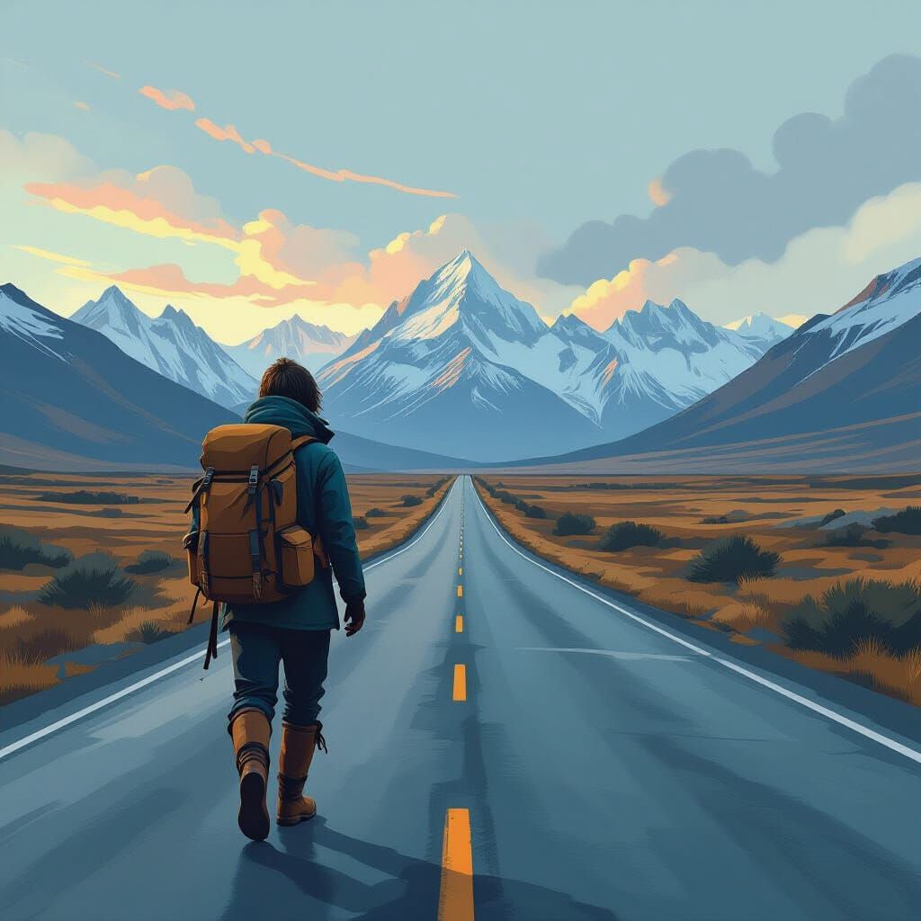 Lone Hiker on Winding Road: Digital Painting