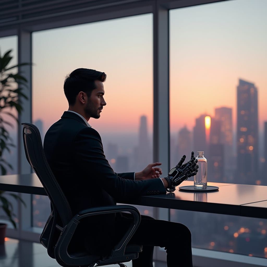 Cybernetic Businessman in Futuristic Office