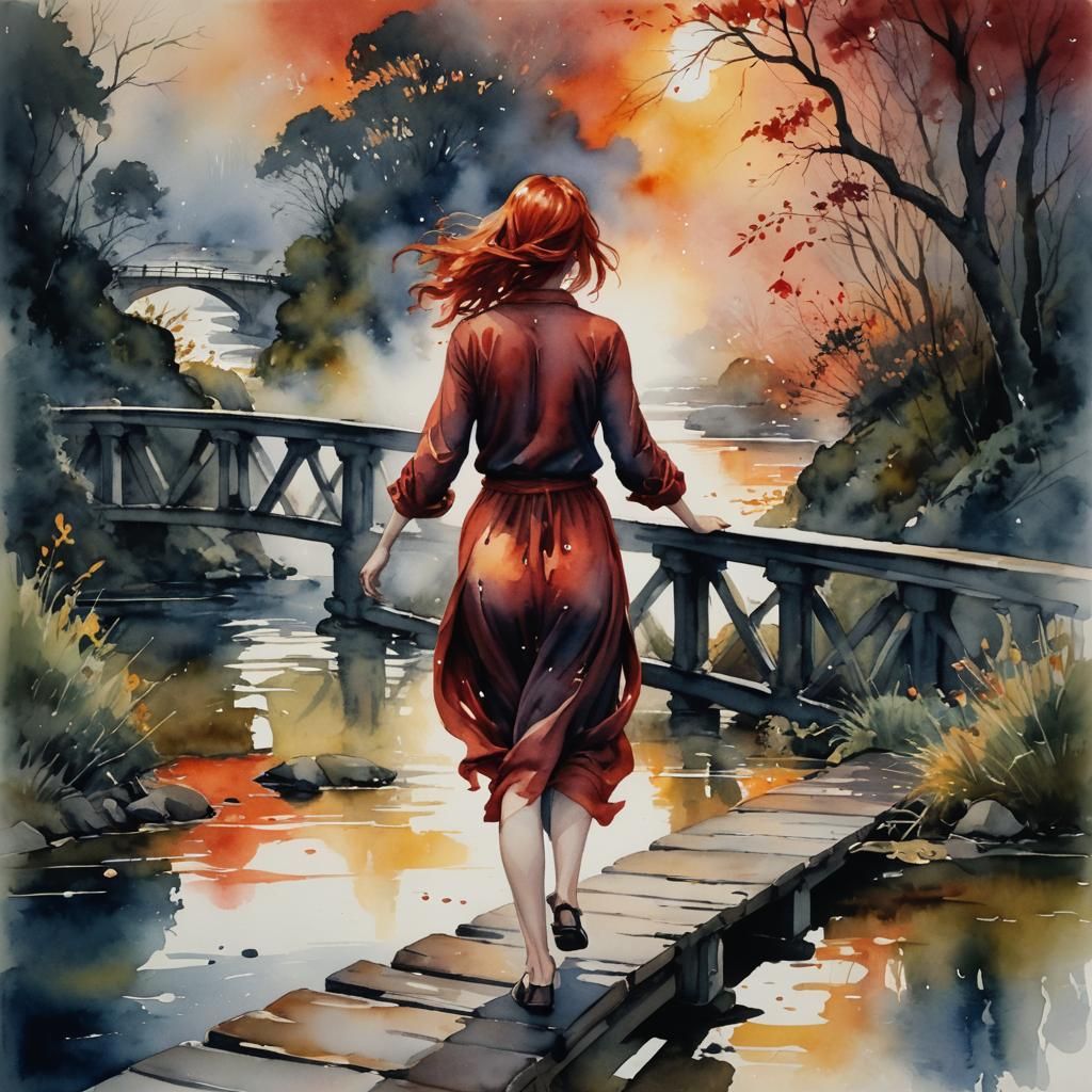 Girl on Bridge in Watercolor with Fiery Red Hair