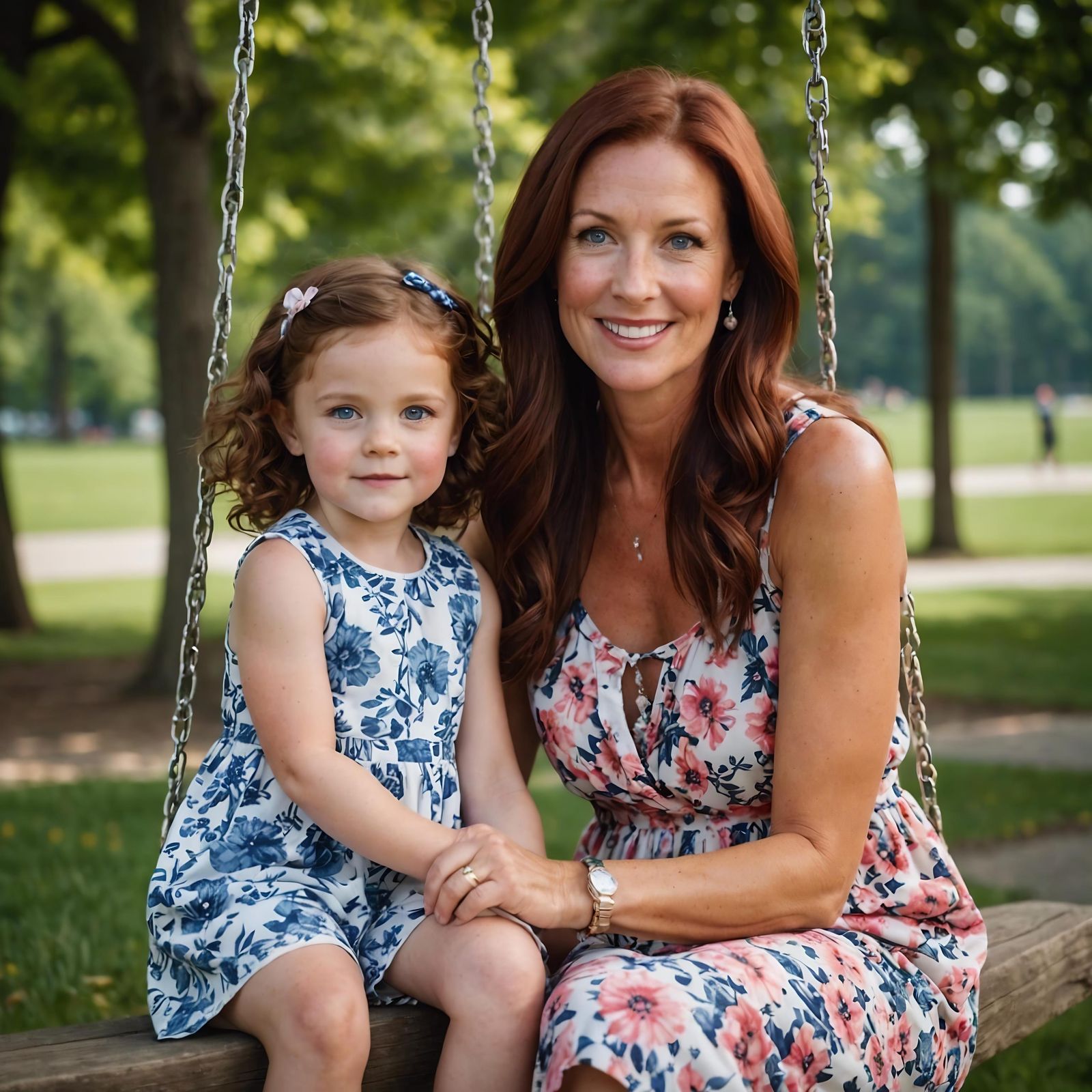 Mother and Daughter Play at the Park in a Vibrant Floral Set...