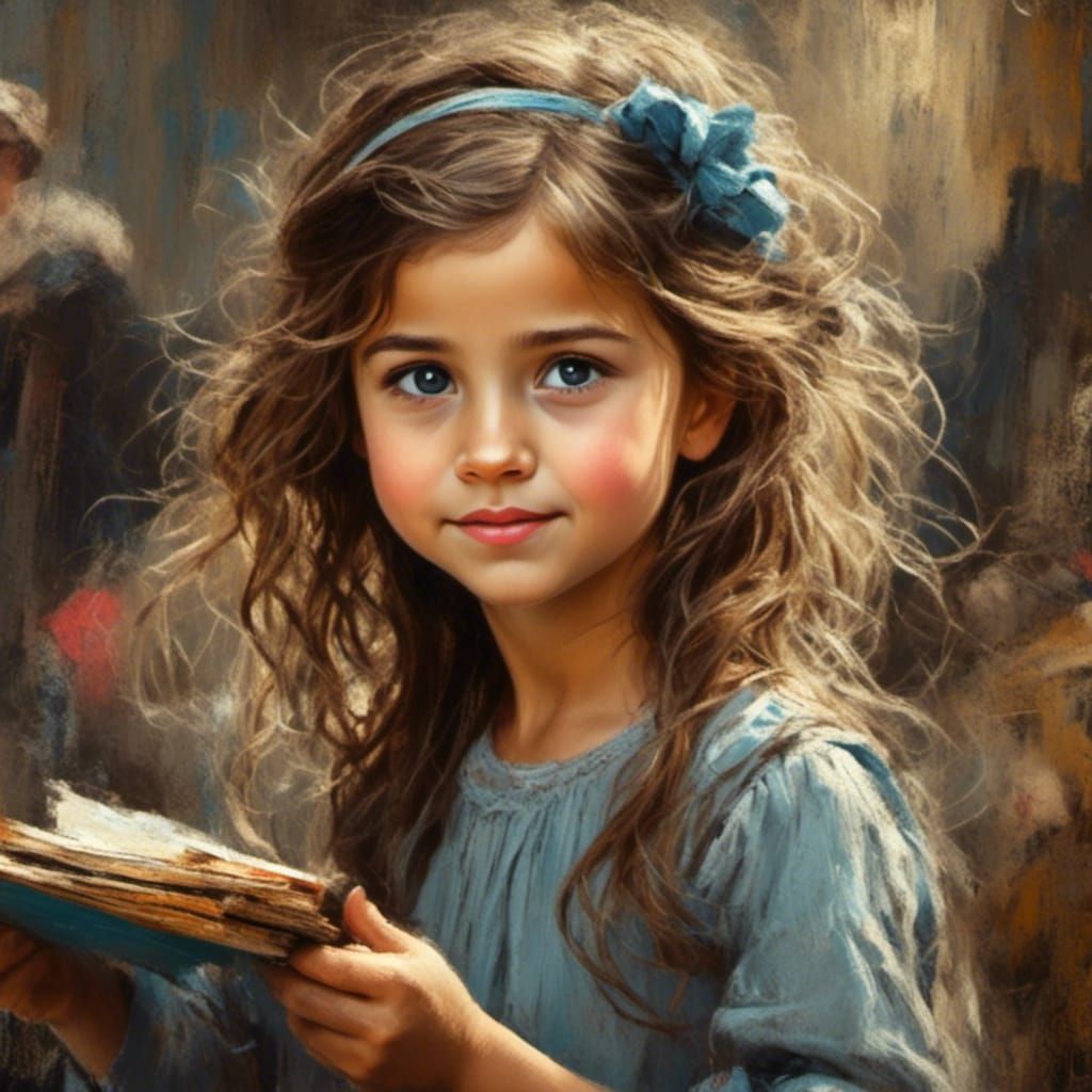 Vibrant Chalk Art Portrait of a Small, Beautiful Girl in Car...