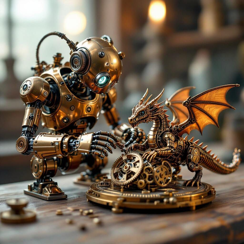 Steampunk Robot Repairs Clockwork Dragon: Macro Photograph