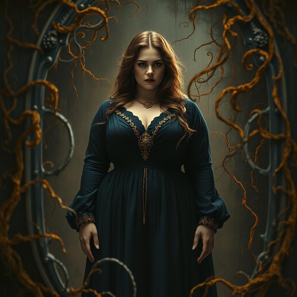 Mysterious Plus-Size Woman in Dark, Twisted Landscape