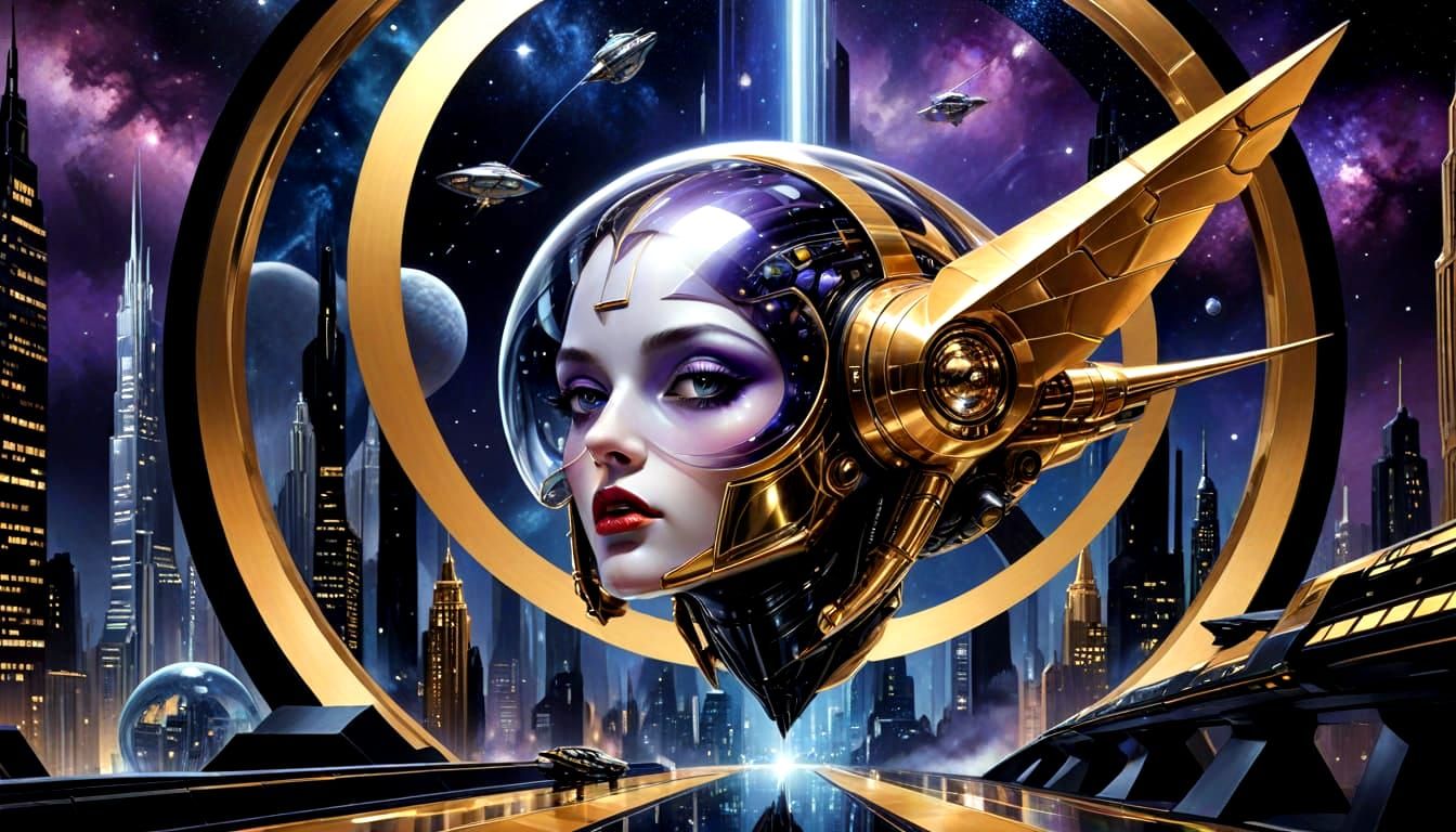 A Spaceship Approaches a Futuristic City in a Galaxy Far, Fa...