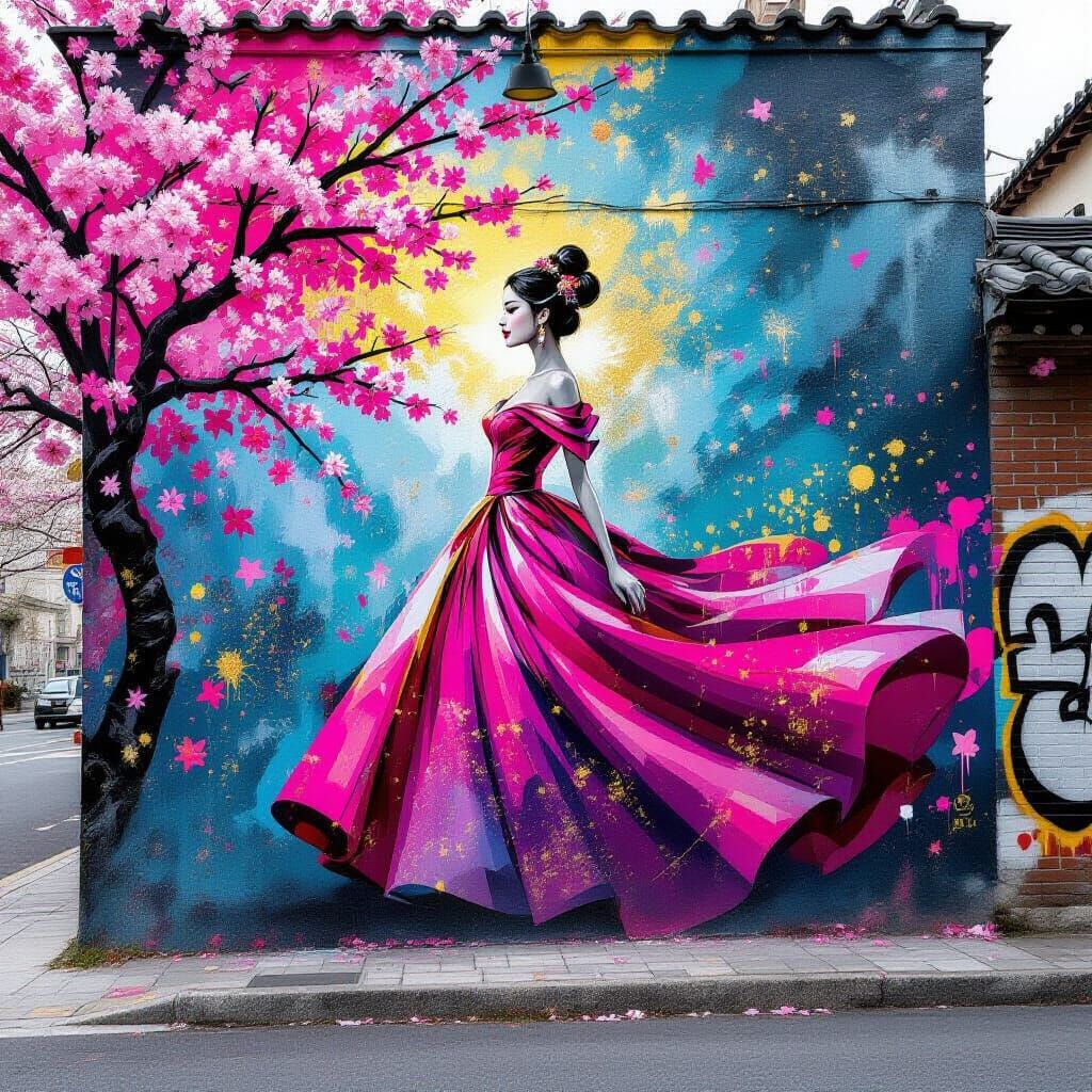 Vibrant Korean Woman Mural Dissolving into Abstract Art