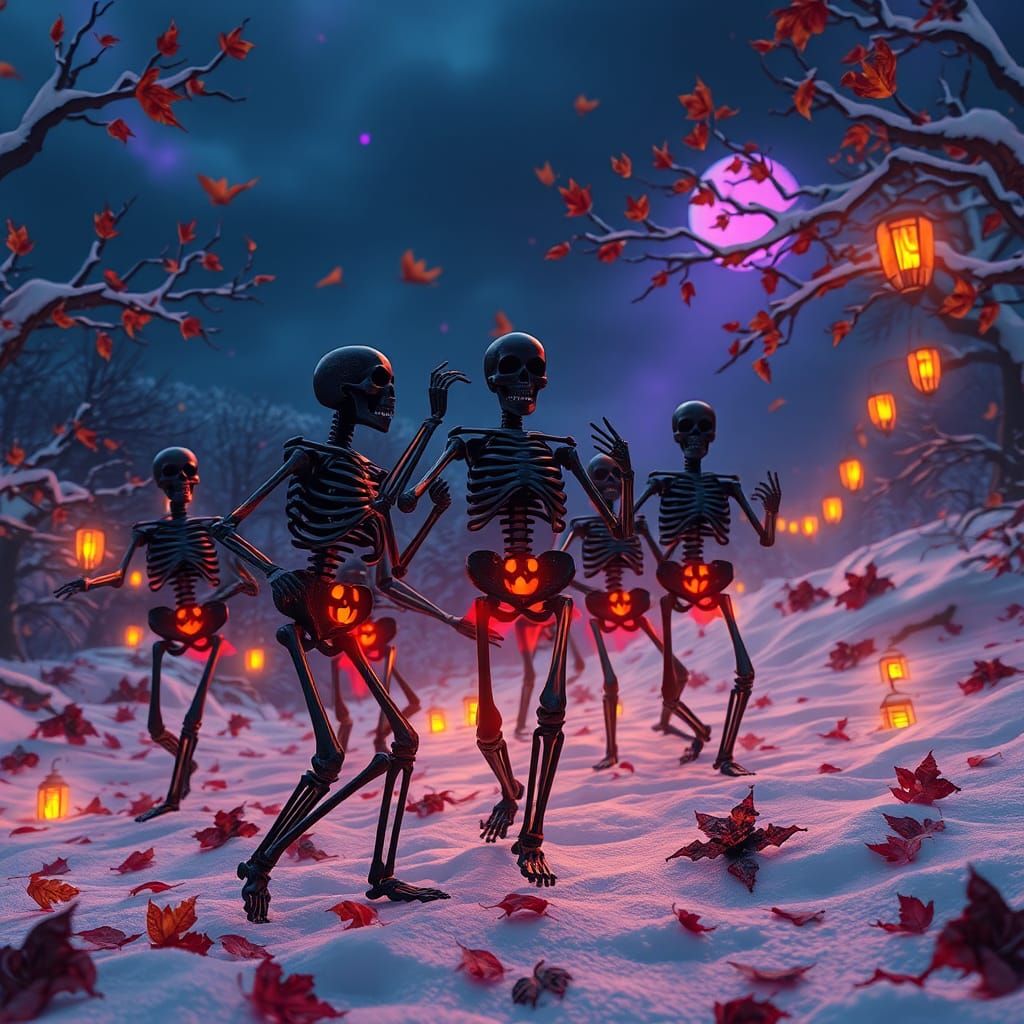 Whimsical Skeletons Dance in Snowy Halloween Wonderland