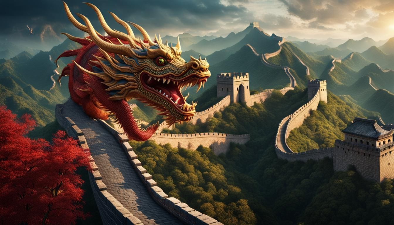 Chinese Dragon Soars Over the Great Wall in Epic Fantasy Art
