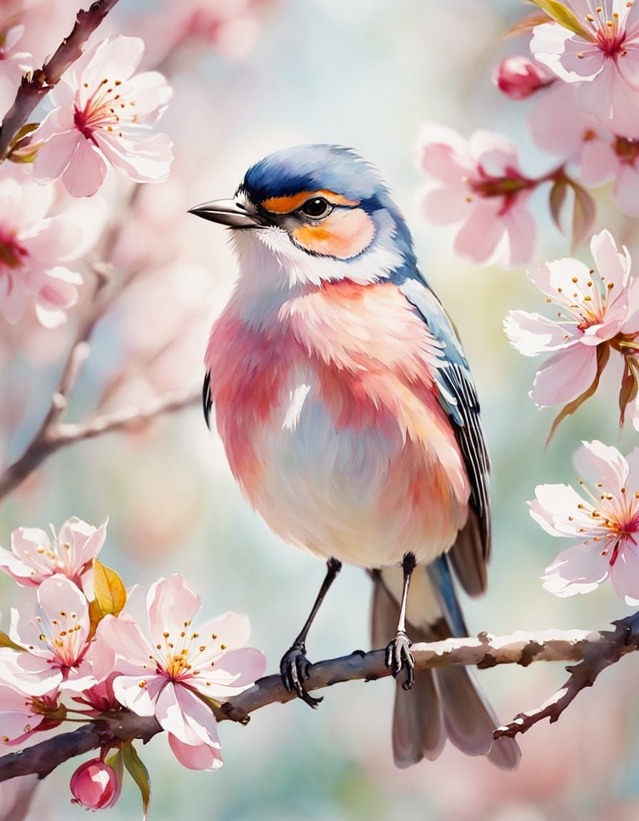Whimsical Bird Perched Among Cherry Blossoms in Watercolor