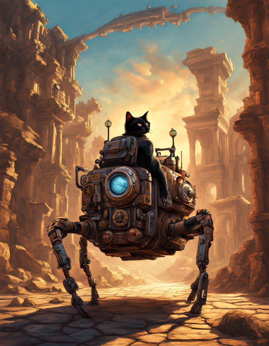 Steampunk Cat Rides Mechanical Spider Over Ancient Ruins