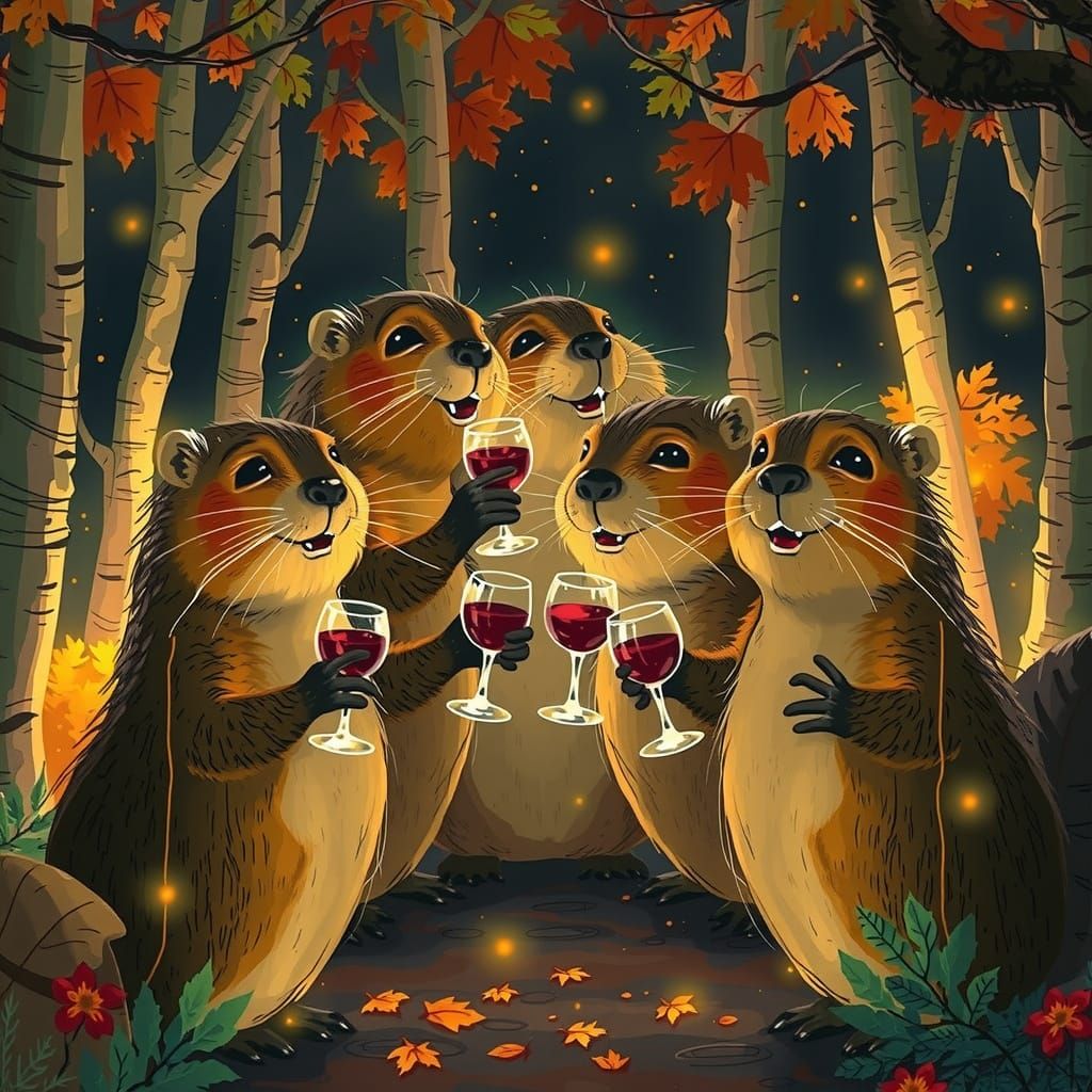 Beavers Enjoy Autumn Night Apéro in Magical Forest