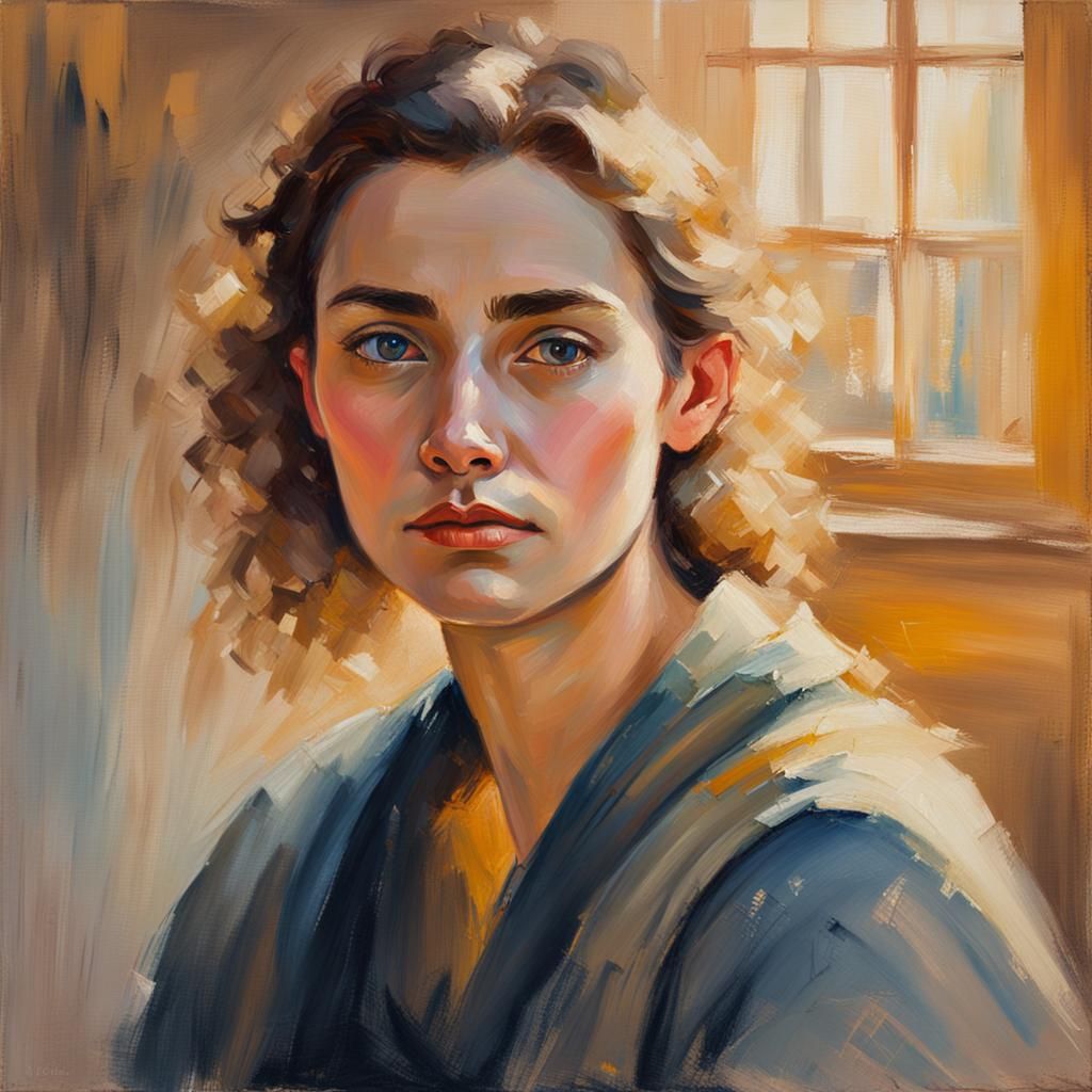 Warm Golden Light Female Portrait in Impressionist Oil Paint...