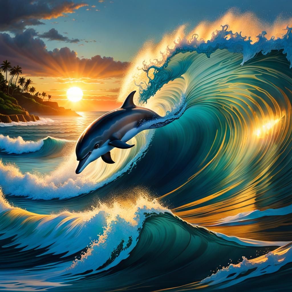 Giant Dolphin Leaps Through Sunset Waves