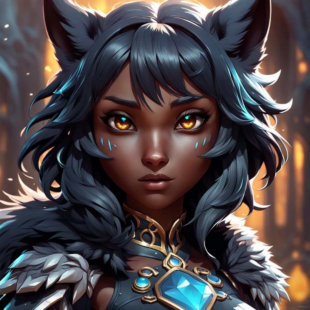 Surreal Chibi Portrait of a Black Wolf Girl in Vibrant Color...