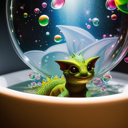 baby dragon in bathtub full of bubbles