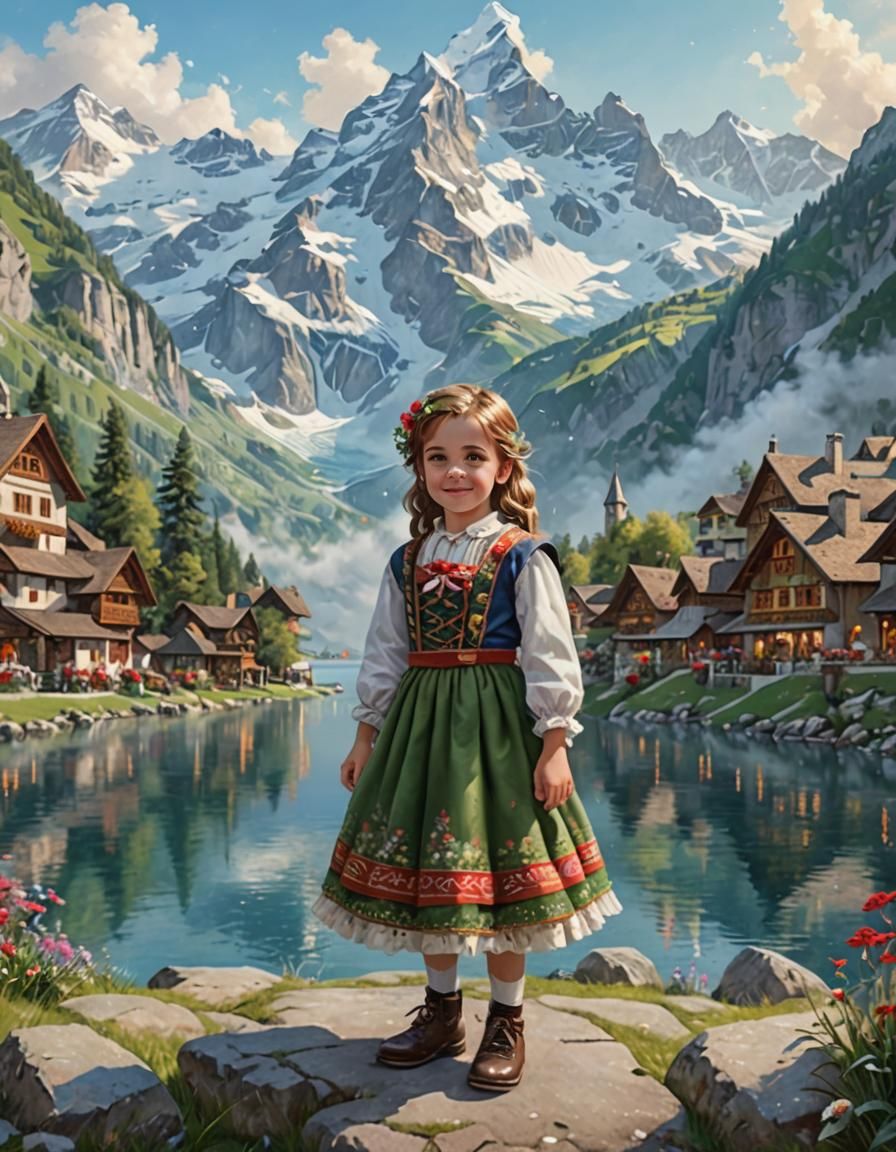 Little girl in front of Swiss landscape