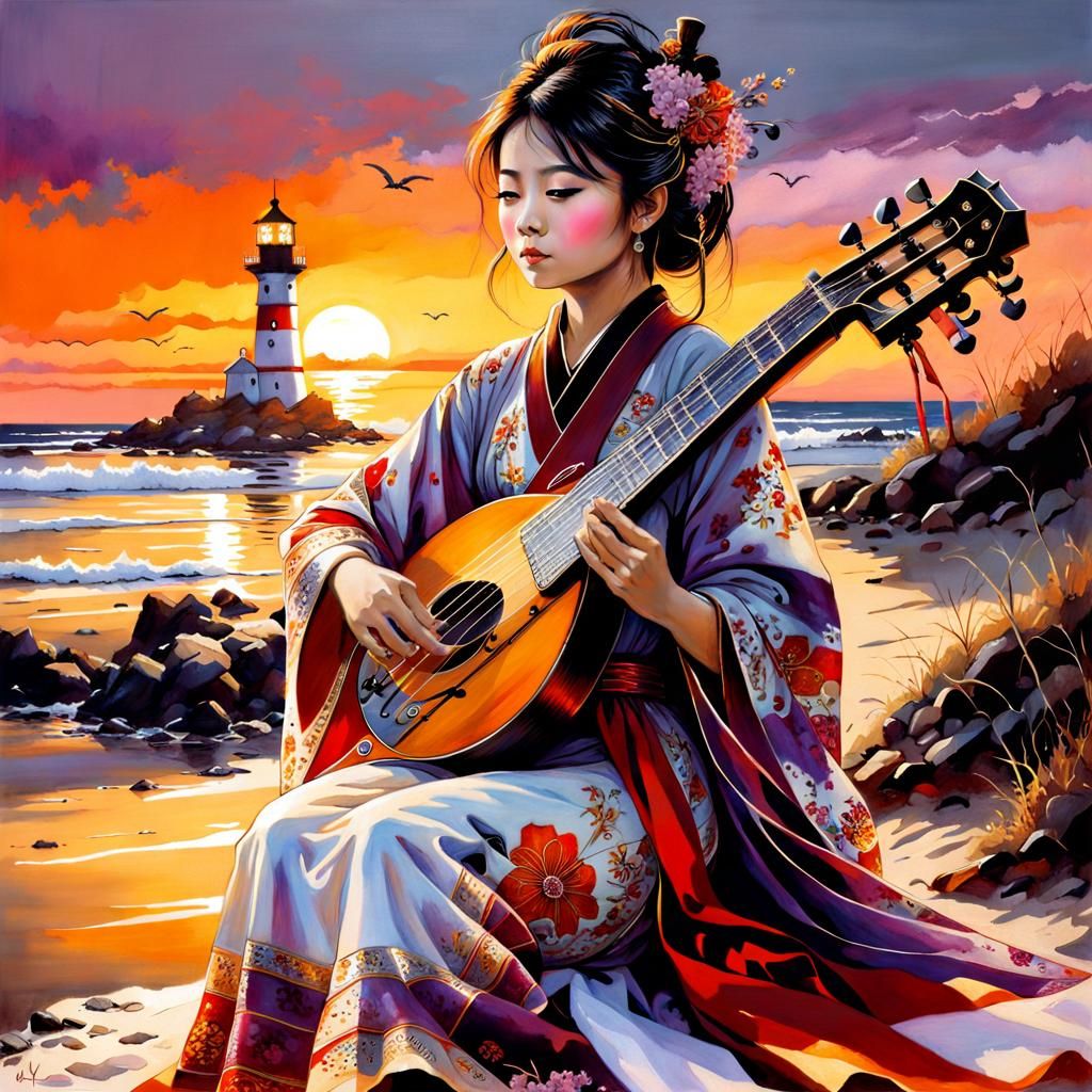 Japanese Princess Plays Sitar in Vibrant Sunset Kimono