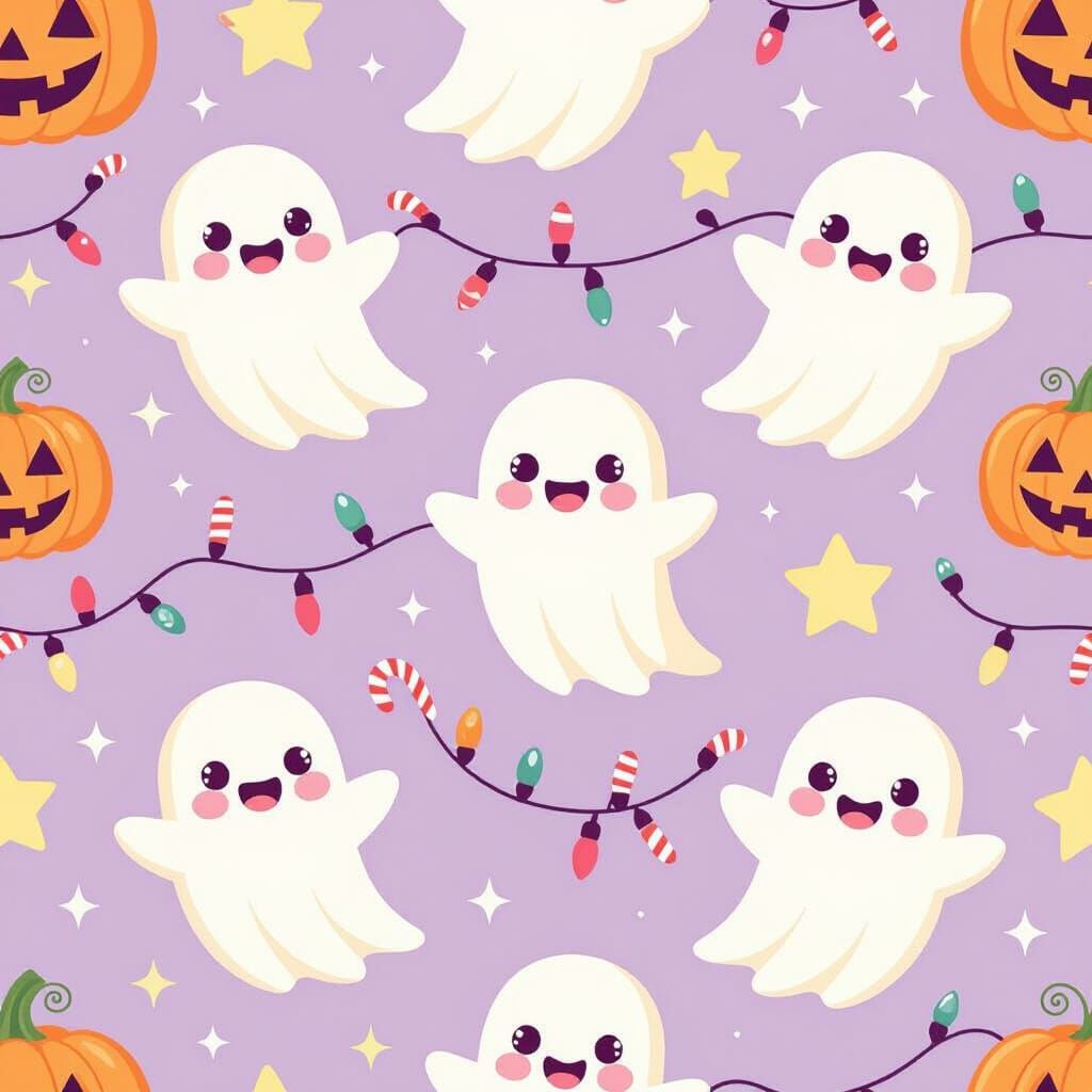 Cute Kawaii Ghosts with Christmas Lights Pattern
