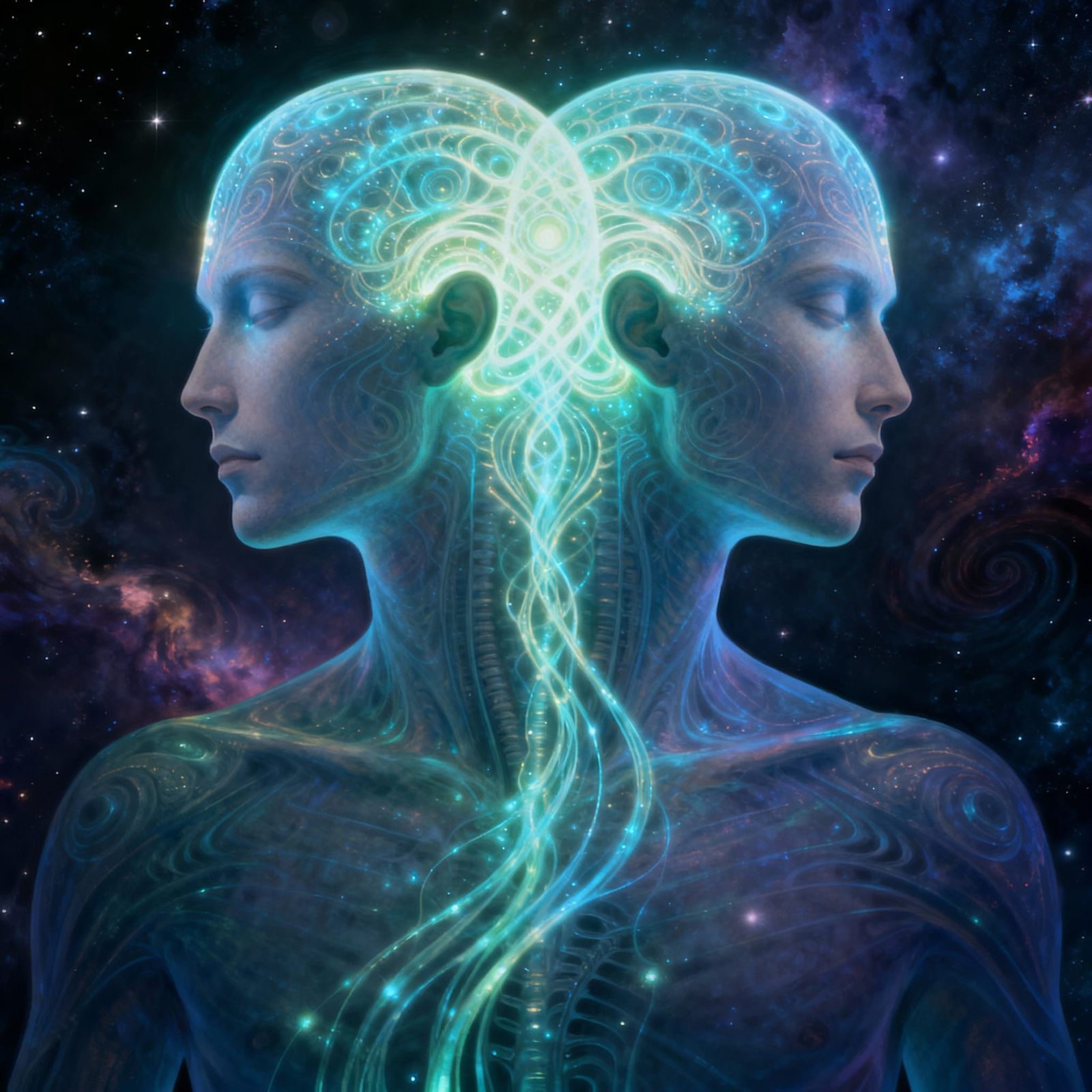 Ethereal Twin Minds in Symbiotic Cosmic Body