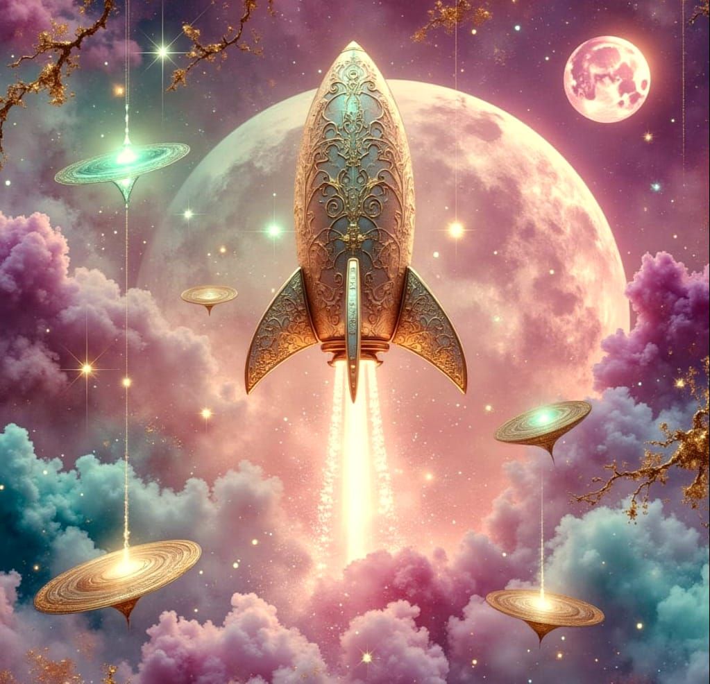 Magical Rocket Ascends with Pink Moons