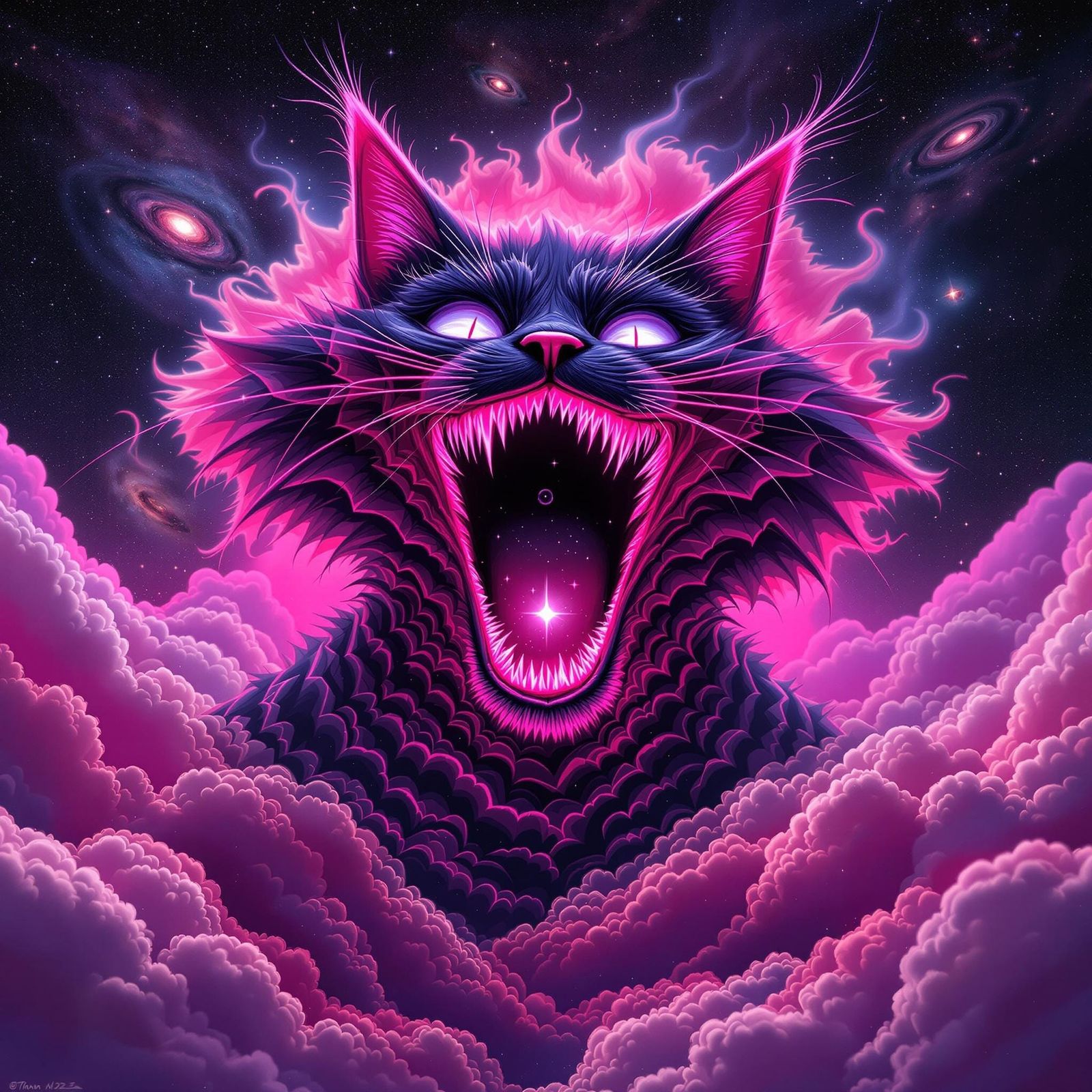 Cosmic Cheshire Cat in Surrealist Neon Landscape